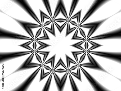 Symetryczny kalejdoskop w biało czarnej kolorystyce z gwiazdą w centrum z efektem rozmycia - abstrakcyjne tło, tapeta