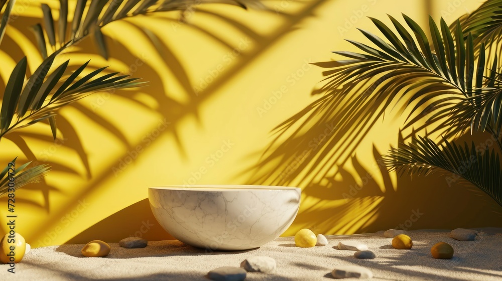 Obraz premium Round empty white marble display stone with palm and bright sunlight yellow wall background. 3D Modern Minimal showcase product presentation with a shadow palm leaf. Summer concept