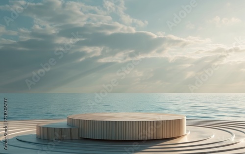 Light wooden texture podium displays a background with a sea ocean sunrise landscape background. 3D Modern minimal light wooden showcase product presentation with sea ocean sunrise background