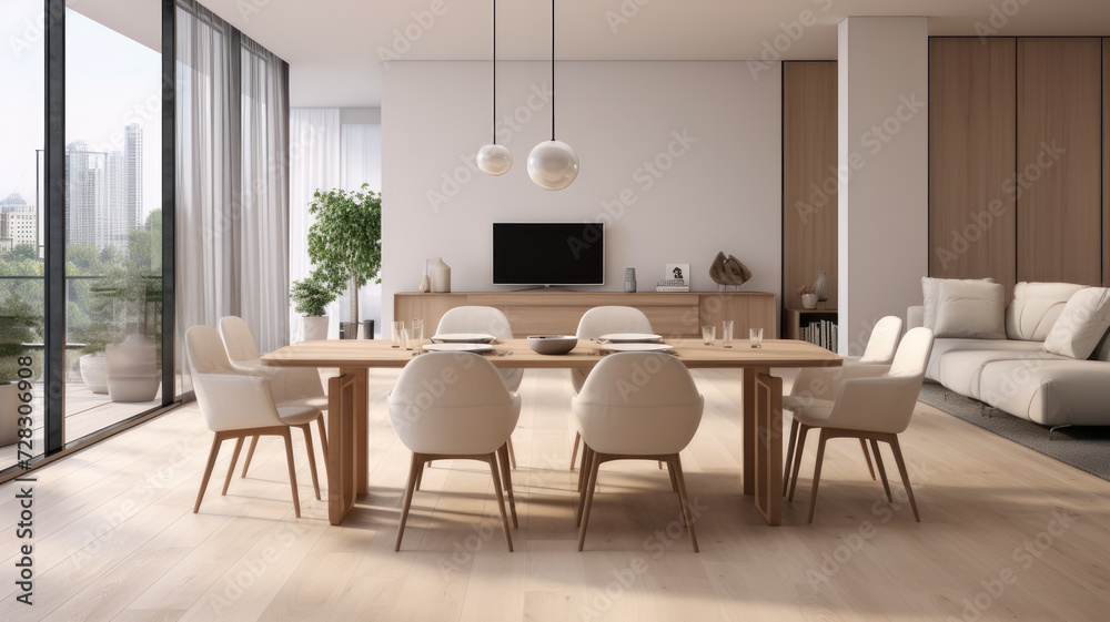 Modern interior design of apartment, dining room with table and chairs, empty living room