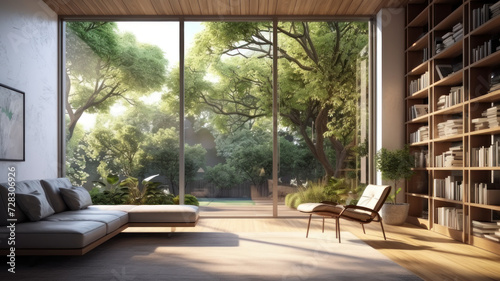 Modern interior space with nature view large window look out to see the garden view,sunlight shining into the room