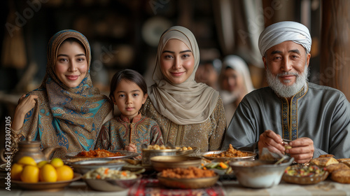 An intimate muslim family portrait in ethnic attire with meal breaking the Ramadan in a cozy home