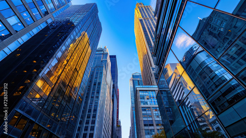 mix modern and historical skyscrapers towering clear blue sky, viewed street level cityscape during late afternoon light