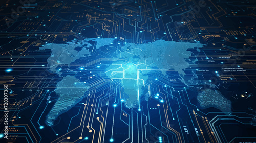 Digital world map on microcircuit board, concept of global network and connectivity, international data transfer and cyber technology, worldwide business, information exchange and telecommunication