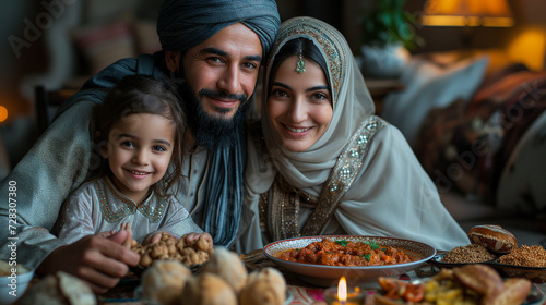 An intimate muslim family portrait in ethnic attire with meal breaking the Ramadan in a cozy home © feeling lucky