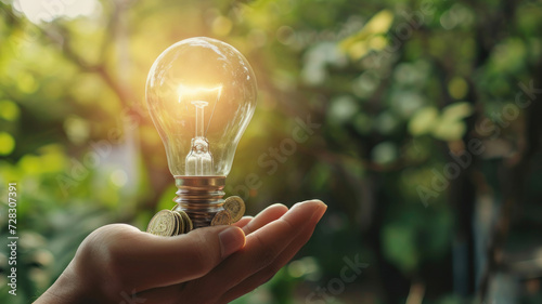 business accounting with saving money with hand holding lightbulb concept financial background