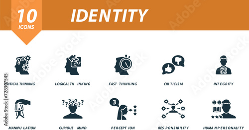 Identity icons set. Creative icons: critical thinking, logical thinking, fast thinking, criticism, integrity, manipulation, curious mind, perception, responsibility, human personality.
