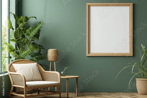 Mockup frame close up in green living room interior background with wooden rattan furniture