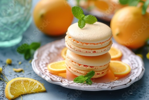 Citrus Macaron cookies sweet pastry with orange and lemon stock photo 