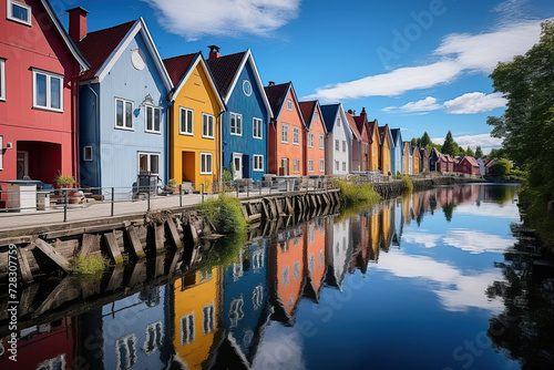 Fototapeta Naklejka Na Ścianę i Meble -  Street with colorful houses in Scandinavian style. Bright houses are reflected in the river. Generated by artificial intelligence