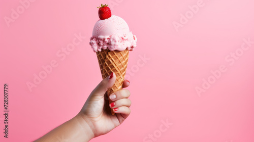 Hand holding strawberry ice cream cone isolated photo