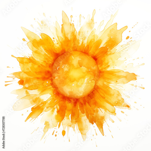 Yellow sun on a white background. Watercolor illustration.