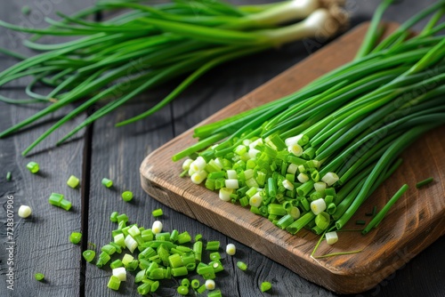 Cut Green onions chives on a cutting board. Dark wooden background 
