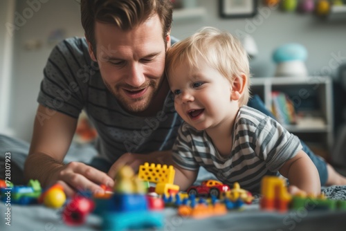 Cute little boy and his dad playing together with toys. 