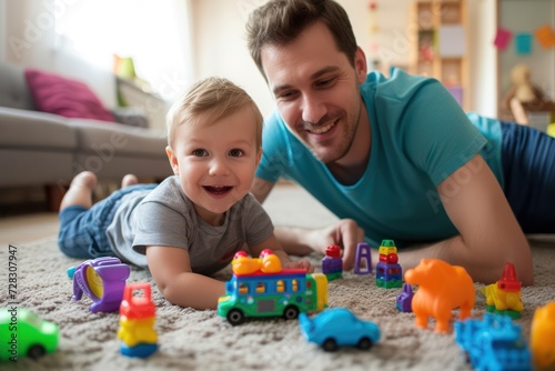 Cute little boy and his dad playing together with toys. 