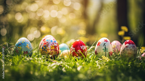 Closeup many beautiful painted easter eggs