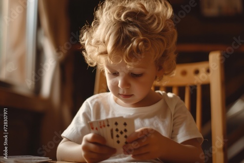 Cute little curious boy playing with play cards. 