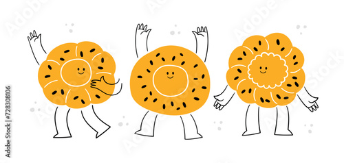 Uzbek bread characters with faces. Cute vector illustrations. Kawaii flapjack and cartoon bread icons. Happy johnny-cakes. Flat design style vector illustrations set.