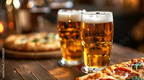 Close-up of beer and pizza glasses