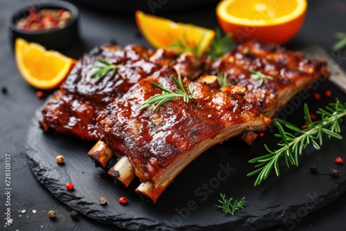 Delicious fresh baked pork ribs with orange on a black plate. Delicious healthy food