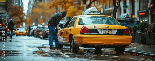 Detail of yellow cab in big city. Yellow taxi transport car in autumn new york. photo