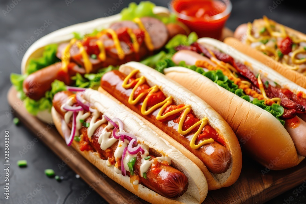 Delicious fresh hot hotdogs with various kinds of buns and sausages. Fast food, non-useful food Delicious fresh hot hotdogs with various kinds of buns and sausages. Fast food, non-useful food