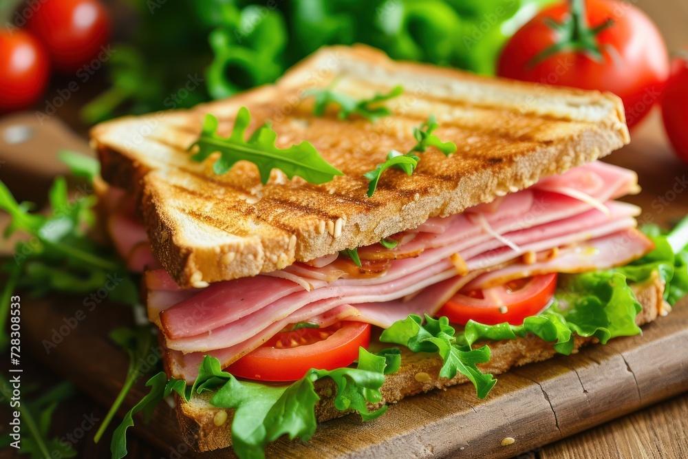 Delicious sandwich with crisp toast, ham, lettuce and tomatoes. Quick nourishing breakfast Delicious sandwich with crisp toast, ham, lettuce and tomatoes. Quick nourishing breakfast