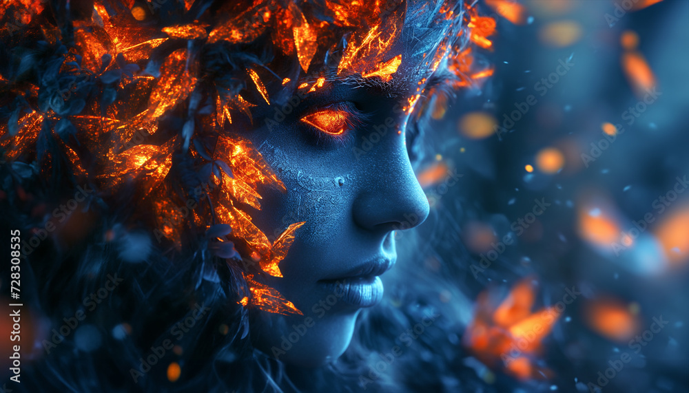 Luminous Enigma: Girl's Portrait with Blue Face, Fiery Orange Glowing Eye Sockets, Radiant Blue and Glowing Orange Leaves Adorning the Head, Enveloped in Dark Blue and Eerie Orange Glow