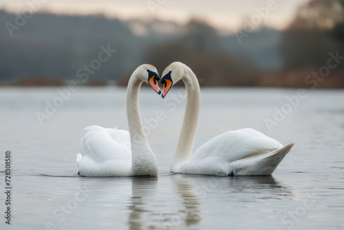 Front and long distance shot  with a blurry but beautiful lakeside  two white swans heading together and making a heart shape with their long necks...
