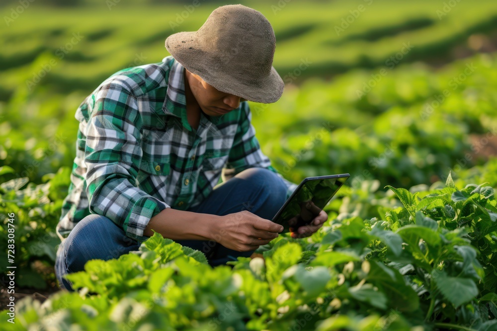 Farm worker using digital tablet to check quality of the crops. Farm worker using digital tablet to check quality of the crops.