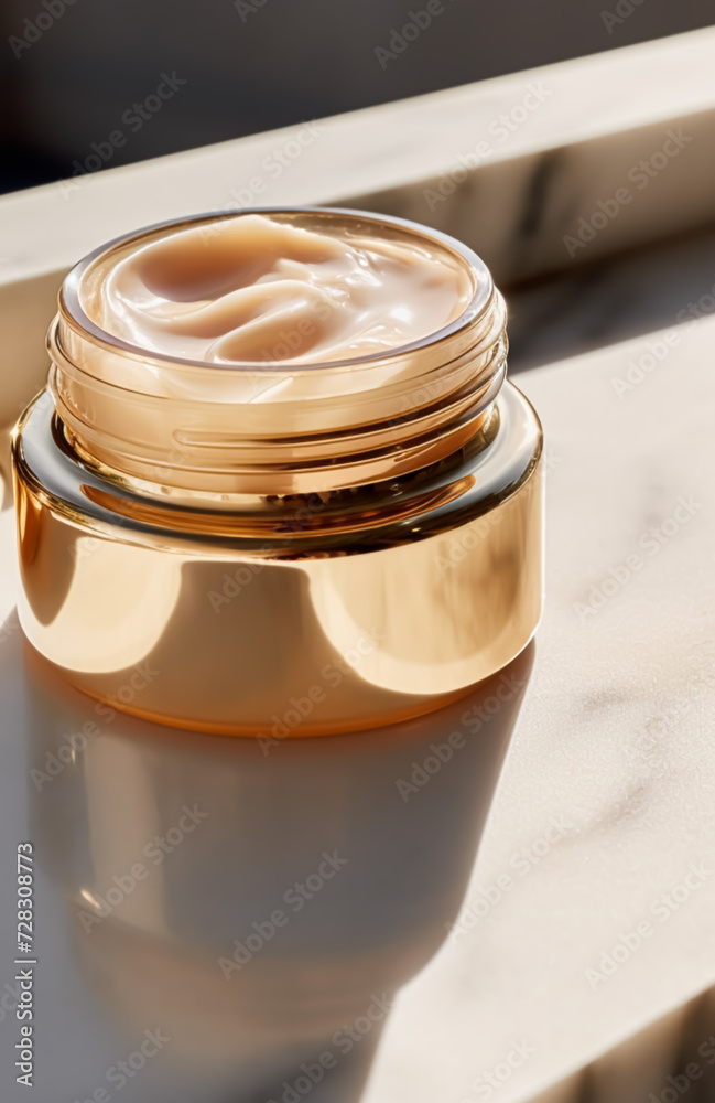 Luxury gold face cream jar on luxurious marble under golden sunlight at spa, beauty and skincare product, generative ai Luxury gold face cream jar on luxurious marble under golden sunlight at spa, beauty and skincare product, generative ai