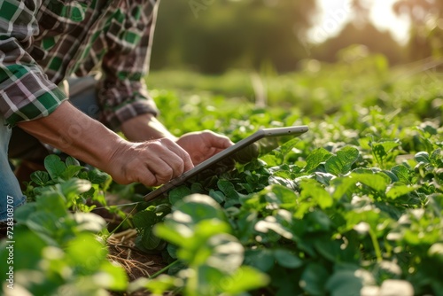 Farm worker using digital tablet to check quality of the crops. 