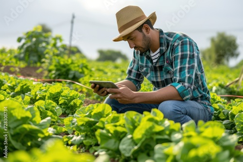 Farm worker using digital tablet to check quality of the crops.