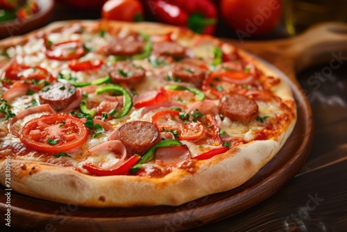 Fresh delicious pizza made in a hearth oven with sausage, pepper and tomatoes. Mediterranean cuisine 