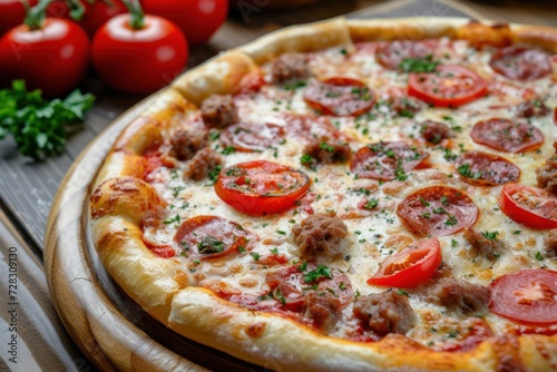 Fresh delicious pizza made in a hearth oven with sausage, pepper and tomatoes. Mediterranean cuisine 