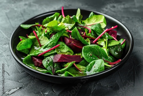 Fresh delicious salad with sleeves, spinach and beet leaves with olive oil on a black plate. Tasty healthy food 