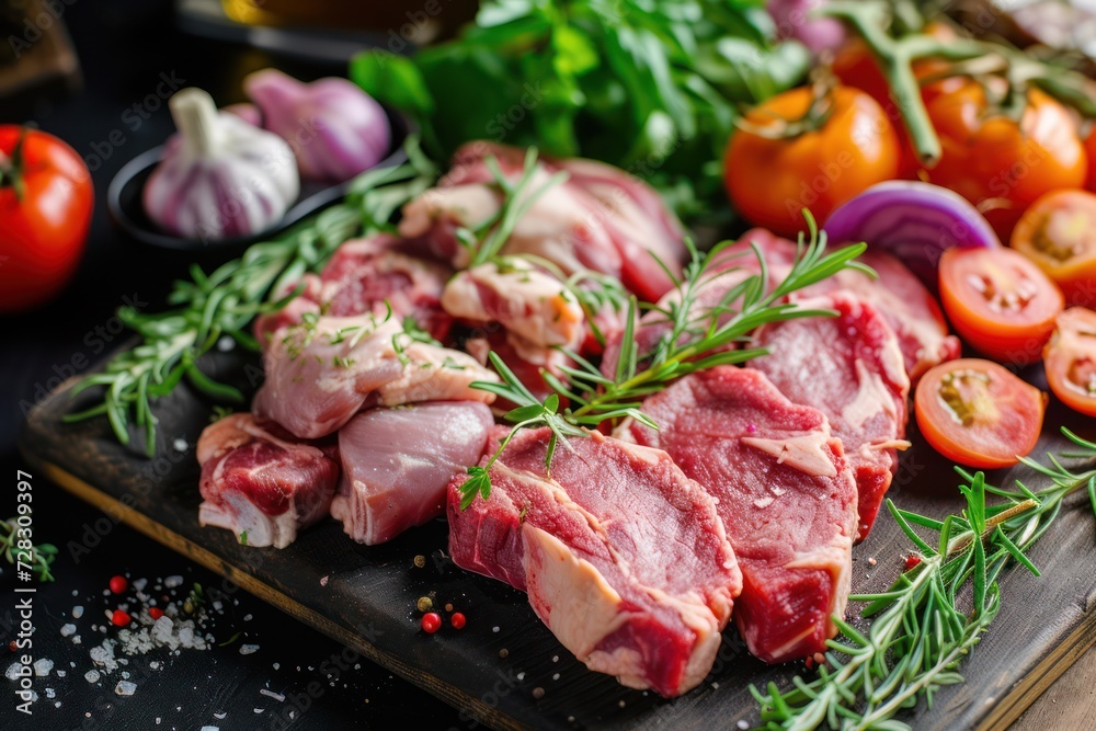 Fresh juicy steak of beef, pork and chicken with vegetables ready to cook. Steaks from different varieties of meat prepared for cooking Fresh juicy steak of beef, pork and chicken with vegetables ready to cook. Steaks from different varieties of meat prepared for cooking