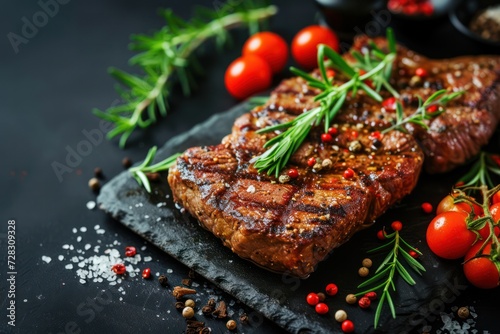 Fresh juicy delicious beef steak on a dark background. Meat dish with spices and herbs 