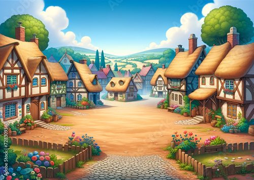 Storybook village square with inviting pathways and traditional country homes.
Generative AI. photo
