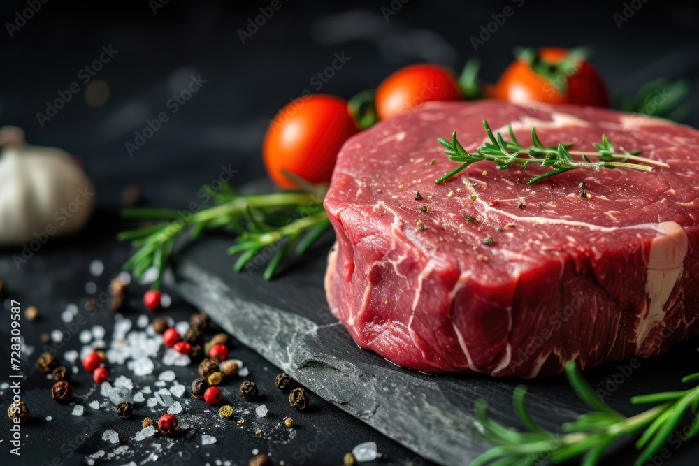 Fresh Raw Beef steak Mignon, with salt, peppercorns, thyme, tomatoes. Raw fresh marbled meat Steak and seasonings on a dark background 