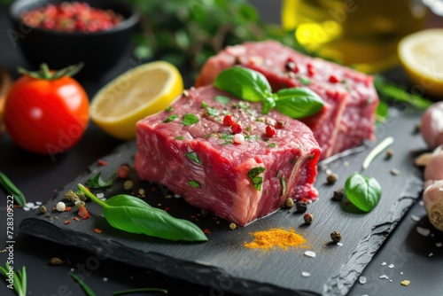 Fresh raw beef meat to make delicious juicy steak with spices and herbs. Preparation for grilled meat 