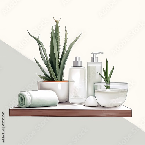 Bathroom Shelf with Aloe Plants and Skincare Products