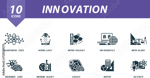 Innovation icons set. Creative icons: quantum physics, hydrology, meteorology, informatics, metrology, neurobiology, microbiology, logics, maths, science.