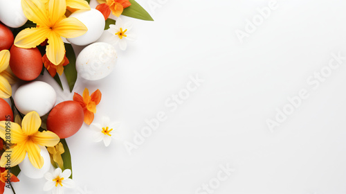 Easter background with colorful eggs and flowers
