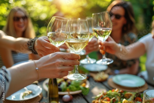 Group of people having a meal in the garden in summer and having a toast with white wine. 