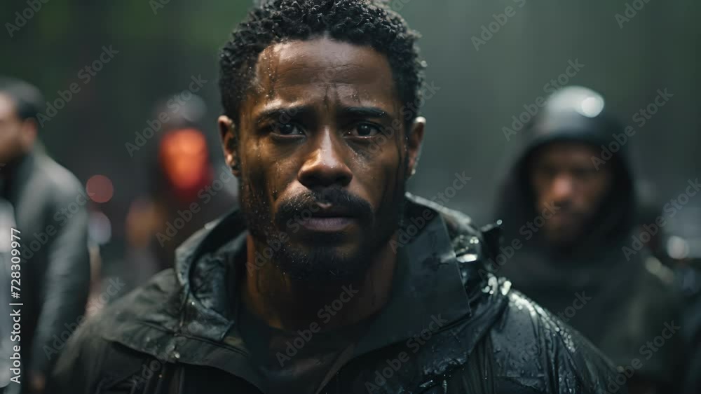 A proud African American man stands openly arms at his sides in an unmistakable expression of firm selfexpression. His determined gaze A proud African American man stands openly arms at his sides in an unmistakable expression of firm selfexpression. His determined gaze