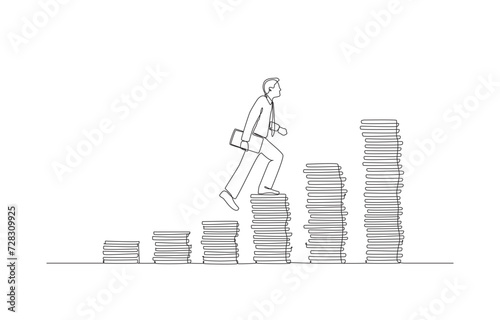 Continuous one line drawing of businessman stepping up on rising money coin stack, income growth or investment success concept, single line art. 