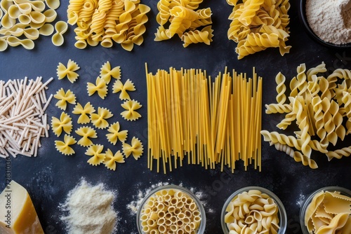 Layout of Italian raw pasta, top view, different types and shapes of pasta 