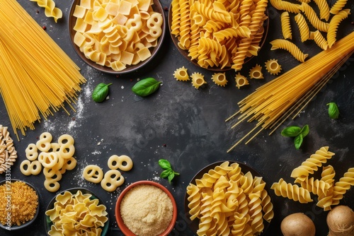 Layout of Italian raw pasta, top view, different types and shapes of pasta 