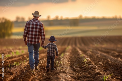 Little boy and his farmer dad on a agriculture field. 